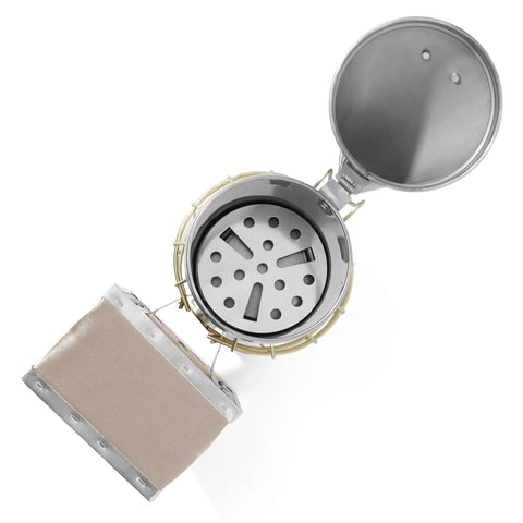 Top view of Pro Grade Beehive Smoker with Stainless Steel Body and Heat Shield, open chamber visible for hive inspections.