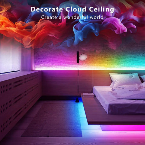Colorful bedroom with 25 Ft Bluetooth LED Strip Lights For Bedroom Color Changing RGB Light Strip With Music Sync glowing around the bed
