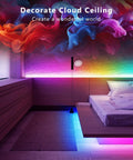 Bedroom with Bluetooth App Controlled Color Changing LED Strip Lights 150 Ft Rope Light Kit creating ambient lighting.