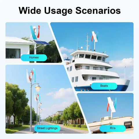 Image showing 12V 24V Wind Power Turbine Generator 400W Portable Helix Vertical Wind Turbine Kit installed on homes, boats, street lights, and RVs.