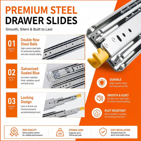 Beefy Locking Drawer Slides 500 Lb Capacity Side Mount Runner Pair for Heavy Tools and Machinery in steel.