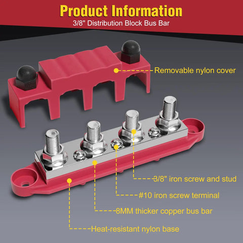 Beefy 48V 400A Bus Bar Power Distribution Block With Four Three Eighths Inch Posts And Three Number Ten Screw Terminals For Car Boat Marine Red And Black Durable, red cover removed