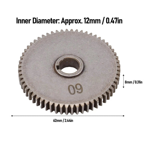 Heavy Duty T60 Sixty Tooth Mini Lathe Gear Replacement For Mx-210 Wm-210, 62mm gear with measurements displayed.