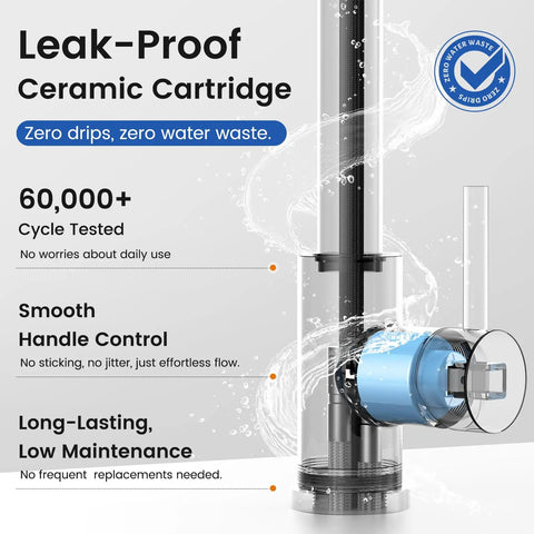 Leak-proof ceramic cartridge showing smooth handle control for Rock Solid Kitchen Faucet With Smooth Pull Down Sprayer In Clean Brushed Nickel Finish Built Tough Lead Free Stainless Steel Workhouse Zero Drip Flow For Your Top Shelf Sink Upgrade.