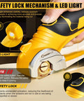 Close-up of Cordless Electric Scissors For Cardboard And Box Cutting With Safety Lock And LED Light 4V Go To Rotary Cutter