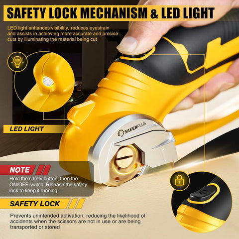 Close-up of Cordless Electric Scissors For Cardboard And Box Cutting With Safety Lock And LED Light 4V Go To Rotary Cutter
