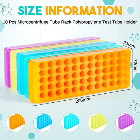 10 Pack Multi Color Microcentrifuge Tube Racks, 60 Hole Each, Double Panel Polypropylene Test Holder For 0.5 To 2 Ml Tubes