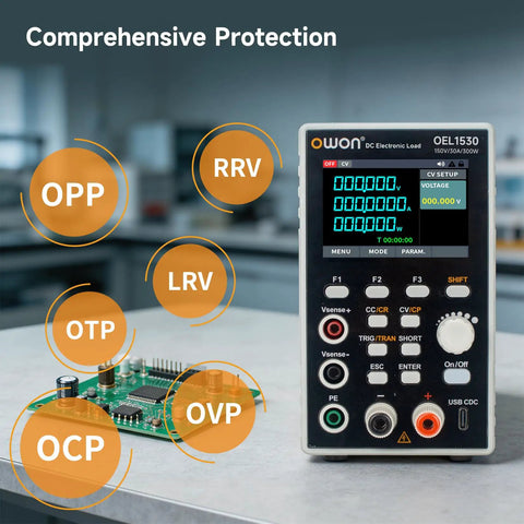 Programmable DC Electronic Load 150V 30A 300W With USB RS232 RS485 For Automation, Four Modes CV CC CP CR Dynamic 5kHz, Dope Lab Bench Power Tester With 2.8 Inch TFT Color Display, Perfect For Prototyping And Testing showing OVP OCP OTP RRV protection