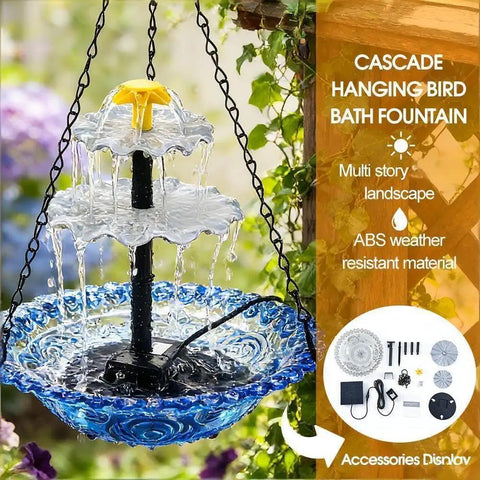 Solar Cascade Hanging Bird Bath Fountain With Solar Pump And Bowl, blue finish, multi-tier design, garden decor