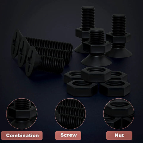 Close-up of M2.5 Flat Head Machine Screws Set In Black Phillips, 620 Piece Assortment, Carbon Steel Bolts Nuts Kit With Lengths 3mm 4mm 5mm 6mm 8mm 10mm 12mm 14mm For Small Appliances And Electronics showcasing screws and nuts.