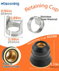23 Pcs Plasma Cutting Torch Consumables Kit stainless steel retaining cup dimensions and copper inside details.