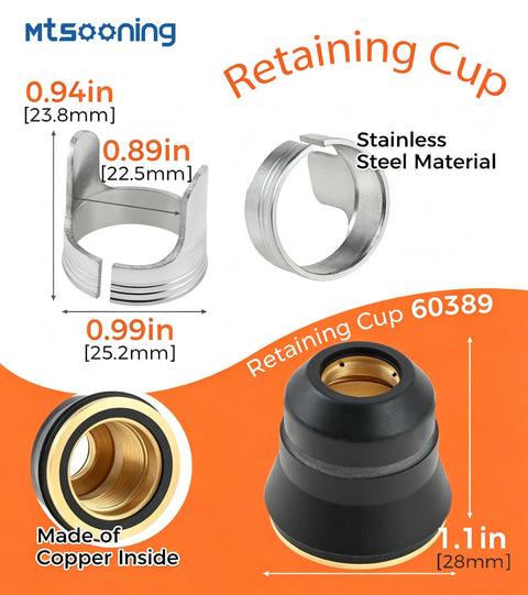 23 Pcs Plasma Cutting Torch Consumables Kit stainless steel retaining cup dimensions and copper inside details.