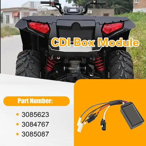 Rear view of ATV and close-up of Polaris CDI Box Module For Sportsman 400 And Xplorer 400 ATV Series Replacement with part numbers.