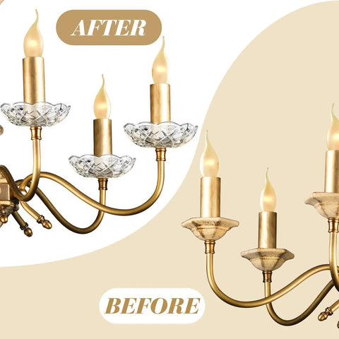 Before and after comparison of chandelier with Six Pack 4 Inch Crystal Chandelier Bobeche Cups With Four Side Holes Replacement Parts