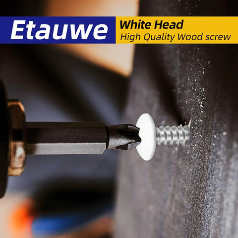 Close-up of a white head wood screw being driven into wood, showcasing the Etauwe high-quality design.