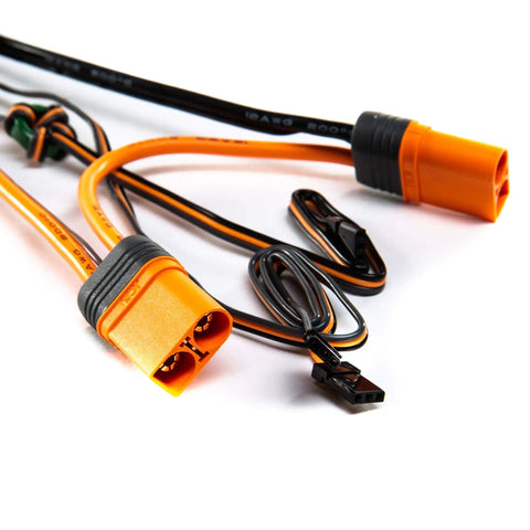 Close-up of wires and connectors for 80 Amp Brushless Smart ESC for RC Aircraft, Drones, and Cars with telemetry support.