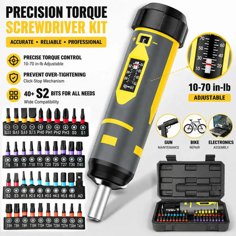 Pro Grade Torque Wrench And Screwdriver Set With 40 S2 Bits for Hex Torx in 10-70 Inch Pounds with case shown