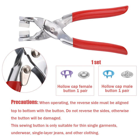 Pro Level Metal Snap Fasteners Kit With One Hundred Colored And Silver Five Prong Buttons Paired With Rugged Iron Press Pliers close-up of pliers