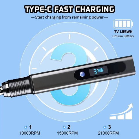Upgraded 21000 RPM Cordless Engraving Pen Kit With Aluminum Alloy Body showing type-C fast charging and speed settings
