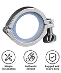 2-inch stainless steel tri-clamp with blue silicone gasket and wing-nut, heavy-duty ferrule