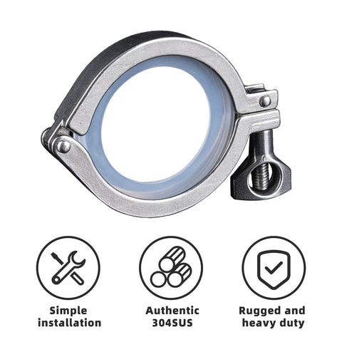 2-inch stainless steel tri-clamp with blue silicone gasket and wing-nut, heavy-duty ferrule