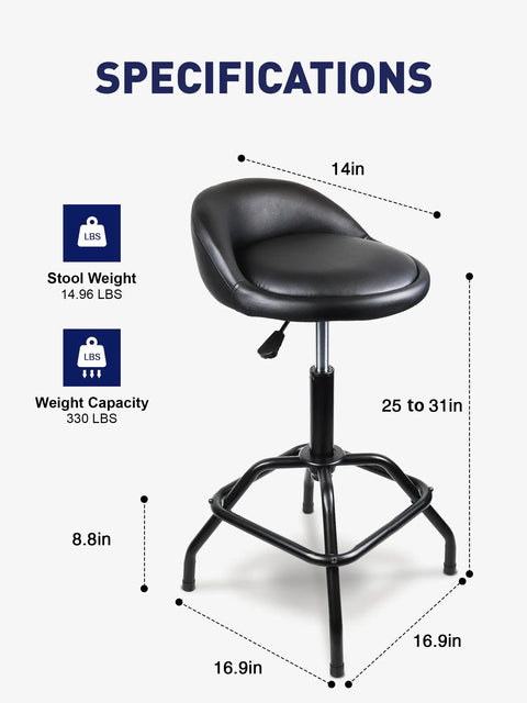 Black Garage Shop Stool With Backrest Height Adjustable Pneumatic Bar Stool 25 to 31 Inches Swivel Counter Height Seating