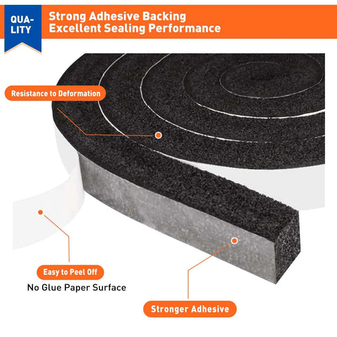 Close-up of MAGZO weather stripping door seal, black adhesive-backed foam, 1 in W x 1 in T, 13 ft total (two rolls)