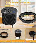 Slick Clutch Desk Power Grommet Featuring Retractable Usb C Cable Dual Ac Outlets And Multi Port Quick Charge Hub For Clean Workspace Setup And Reliable Daily Grind with measurements and installation details.