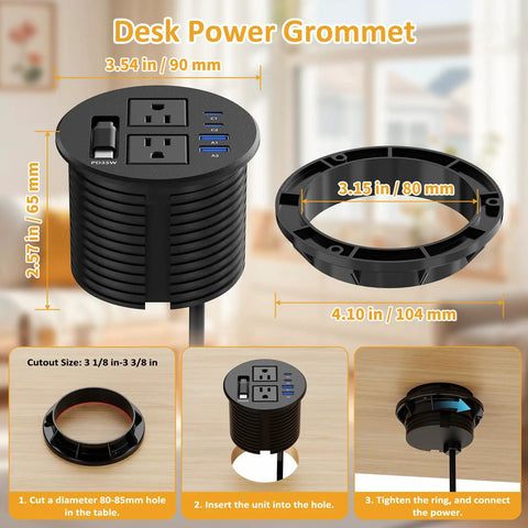 Slick Clutch Desk Power Grommet Featuring Retractable Usb C Cable Dual Ac Outlets And Multi Port Quick Charge Hub For Clean Workspace Setup And Reliable Daily Grind with measurements and installation details.