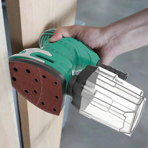 Green mouse sander with 120 Piece Sanding Sheets For Mouse Sander With 11 Hole Dust Removal Mixed Grits 40 60 80 120 180 240 attached