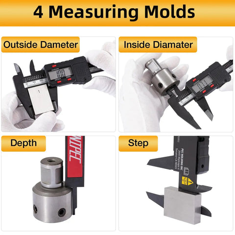 Six Inch Digital Caliper for Precise DIY and Machining, Quick Inch or Millimeter Switch, Four Measurement Modes, Rugged Carbon Fiber Composite Housing, Portable 0 to 6 Inches (0-150 mm), 0.01 Inch (0.1 mm) Resolution, High Accuracy showing outside, inside, depth and step measurements
