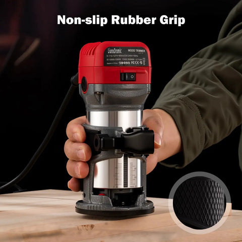 Compact Wood Router Tool With 6.5 Amp 1.25 HP Motor, non-slip rubber grip handle for precision woodworking