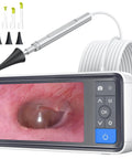 Home Ear Otoscope With 4.5 Inch IPS Display And 3.9mm Ear Camera With Gyroscope For Clear At Home Inspection, 6 LED Lights Illuminate Earwax Irritation And Blockages, No App Required, No WiFi Needed, HD Ear Camera For Safe Self Check, FSA HSA Eligible. Silver otoscope with display, cable, and ear tips