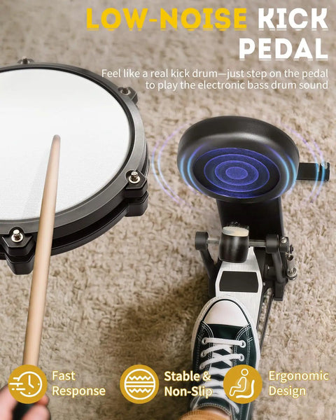 Low-noise kick pedal of Electric Drum Set With USB MIDI Dual Power Modes Dual Zone Triggering 64 Polyphony 225 Authentic Sounds