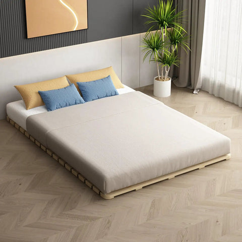 Durable Foldable Floor Bed Frame For Queen Size With Breathable Wooden Slats Rolling Futon Base featuring a low profile design in a modern room.