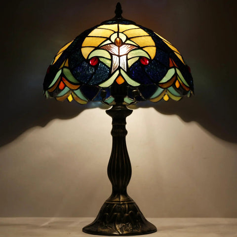 Tiffany Style Stained Glass Bedside Table Lamp With Blue And Yellow Panels, Cozy Glow Reading And Desk Light, UL Listed