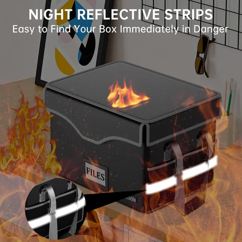 Beefed Up 5200F Fireproof Document Lockbox With Heat Insulation For Home Office in flames showing night reflective strips.