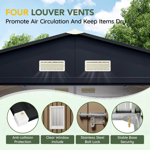 10x12 Ft Outdoor Storage Shed With Skylight Roof Panels, Beefy Rust-Resistant Metal Garden Tool Shed With Lockable Doors And Windows, Large Backyard Utility Storage For Patio Or Yard, Weatherproof Brown, featuring four louver vents.
