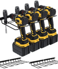Front view of 3 Pack Heavy Duty Power Tool Wall Mount Organizer for Cordless Drills and Tools, iron black finish, holding four drills per mount.