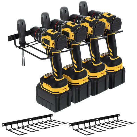 Front view of 3 Pack Heavy Duty Power Tool Wall Mount Organizer for Cordless Drills and Tools, iron black finish, holding four drills per mount.