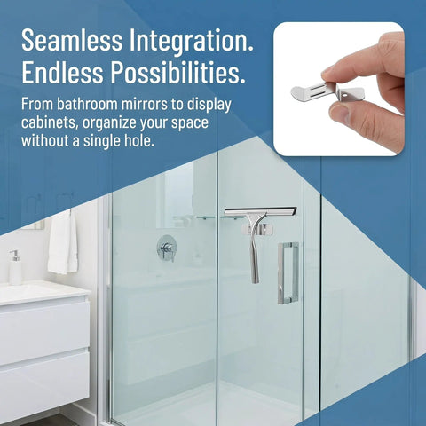 Stainless Steel Clips With Elastic Adjustment For A Secure Mount And Tough Back Mount Brackets For Organizer Shelves And Towels In Finished Spaces 50 Pack shown in bathroom setup, hand holding clip detail.