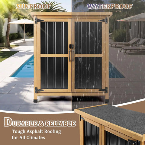 Weatherproof Outdoor Storage Cabinet With Lockable Doors For Tools, Garden Gear, Pool Accessories, And Lawn Equipment.