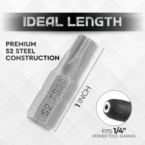 Heavy Duty Torx Star Five Point Tamper Proof Security Bits Set TS30, S2 Steel, 1 Inch Shank, Fits Most Quarter Inch Sockets