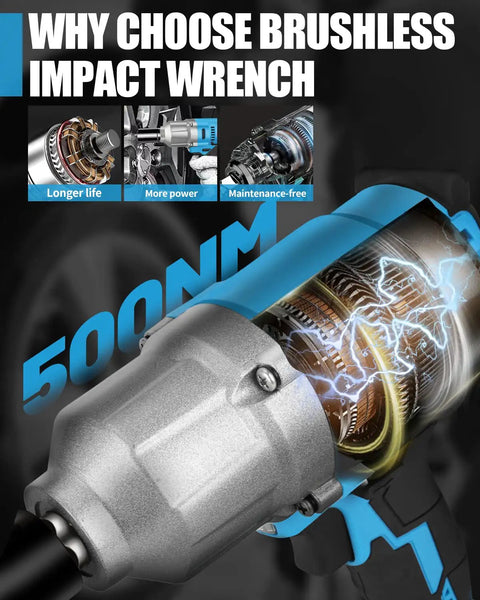 Close-up of 20V Cordless Impact Wrench Half Inch Drive With 370 Ft Lbs Torque showing brushless motor design and torque rating.