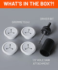 Four white grommets, driver bit, and 1.5-inch hole saw for 2.25-Inch Mini Cord Hiders For Wall Cable Management Conceal Up To 3 Low-Voltage Cables Behind The Wall