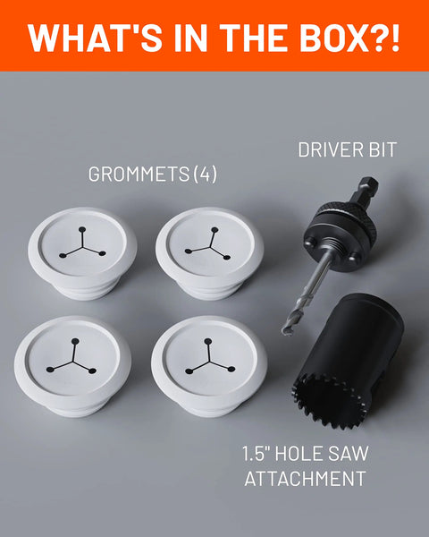 Four white grommets, driver bit, and 1.5-inch hole saw for 2.25-Inch Mini Cord Hiders For Wall Cable Management Conceal Up To 3 Low-Voltage Cables Behind The Wall