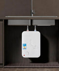 Compact Electric Hot Water Heater Featuring Instant Mini Storage Boiler 1500W sleek rectangular design under kitchen sink.