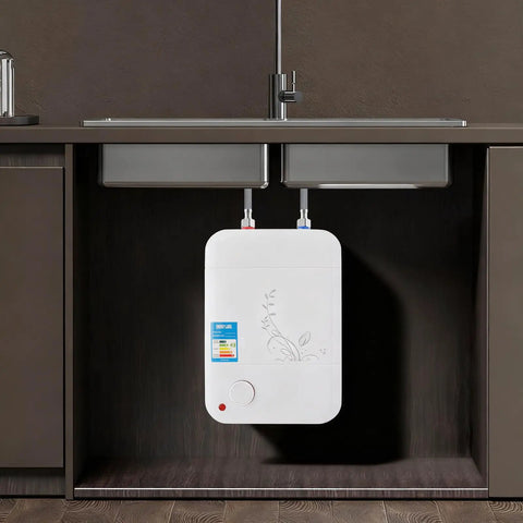 Compact Electric Hot Water Heater Featuring Instant Mini Storage Boiler 1500W sleek rectangular design under kitchen sink.