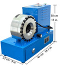 Top Shelf Heavy Duty Electric Hydraulic Hose Crimper With Killer Five Ton Punch And Lightning Fast Eight Die Swap Kit For Zero Hassle 110V Garage Service On Six To Twenty Eight Millimeter Tubing, blue crimping tool with precise fitment dies.