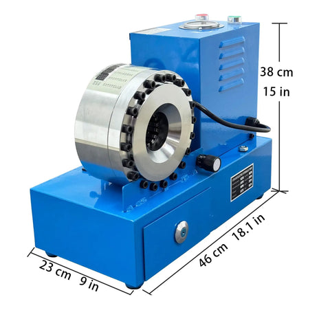 Top Shelf Heavy Duty Electric Hydraulic Hose Crimper With Killer Five Ton Punch And Lightning Fast Eight Die Swap Kit For Zero Hassle 110V Garage Service On Six To Twenty Eight Millimeter Tubing, blue crimping tool with precise fitment dies.
